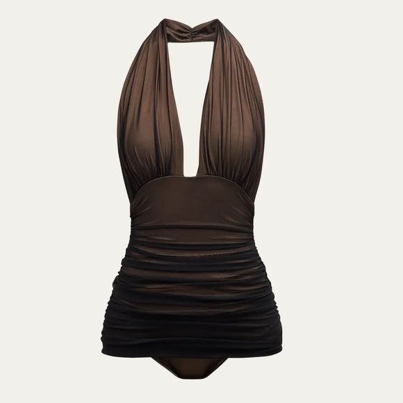 Norma Kamali Other - Norma Kamali Brown One-Piece Bill Ruched-Mesh Halter Maillot Swimsuit